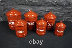 Set of Six Vintage French Graduated Terracotta Enamel Kitchen Storage Canisters