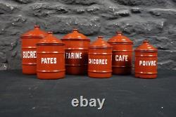 Set of Six Vintage French Graduated Terracotta Enamel Kitchen Storage Canisters