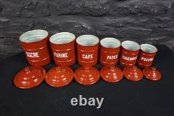 Set of Six Vintage French Graduated Terracotta Enamel Kitchen Storage Canisters