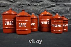 Set of Six Vintage French Graduated Terracotta Enamel Kitchen Storage Canisters