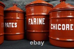Set of Six Vintage French Graduated Terracotta Enamel Kitchen Storage Canisters