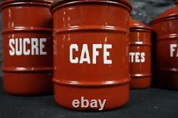 Set of Six Vintage French Graduated Terracotta Enamel Kitchen Storage Canisters