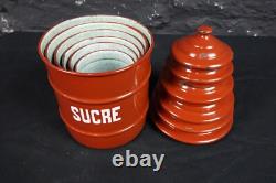 Set of Six Vintage French Graduated Terracotta Enamel Kitchen Storage Canisters