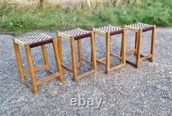 Set x4 Vintage Retro Rattan Covered Wooden Kitchen Stools Seats Mid Century