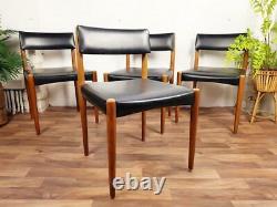 Set x 4 Vintage 60's Teak & Black Vinyl Dining Chairs Mid-Century Danish Scandi