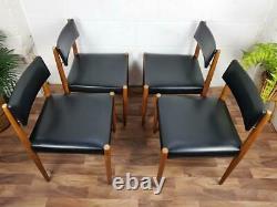 Set x 4 Vintage 60's Teak & Black Vinyl Dining Chairs Mid-Century Danish Scandi