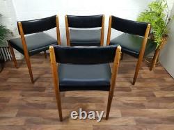 Set x 4 Vintage 60's Teak & Black Vinyl Dining Chairs Mid-Century Danish Scandi