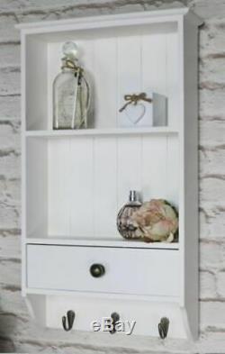 Shabby Chic Vintage White Wooden Shelf Unit With Drawer Hooks Wall Storage Unit