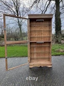 Slim Vintage Late C20th Glazed Solid Pine Shop Display Cabinet 7 Available