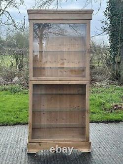 Slim Vintage Late C20th Glazed Solid Pine Shop Display Cabinet 7 Available