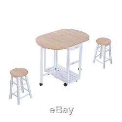 Small Kitchen Dining Table and Chairs Set Folding Island Trolley Wheels 2 Stools