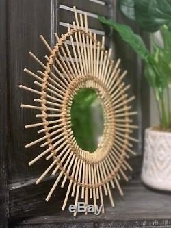 Small Rattan Wooden Mirror Retro Cane Sunburst Eye Vintage Style Wall Hanging
