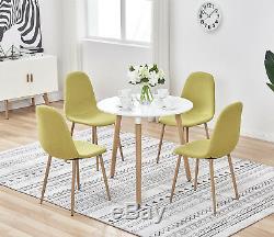 Small Round Wood Dining Table set &4 Seats Retro Linen Chairs Metal Wooden Legs
