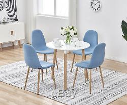 Small Round Wood Dining Table set &4 Seats Retro Linen Chairs Metal Wooden Legs