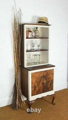 Small walnut wood drinks display cabinet kitchen dresser vintage 4.5ft tall