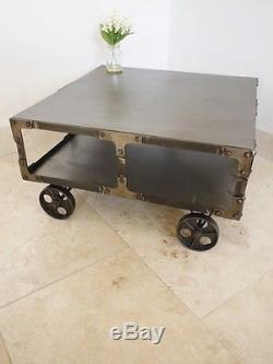 Square Industrial Coffee Table Vintage Distressed Retro 2 Tier On Cart Wheels