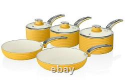 Swan Retro 5 Piece Pan Set Yellow. Vintage Kitchen Cookware. 2 Year Guarantee