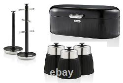 Swan Retro Black Bread Bin 3 Canisters Mug Tree & Towel Pole Kitchen Storage Set