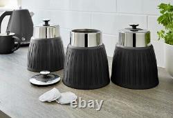 Swan Retro Black Bread Bin 3 Canisters Mug Tree & Towel Pole Kitchen Storage Set