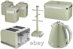 Swan Retro Green Jug Kettle 4 Slice Toaster Bread Bin Canisters & Mug Tree Set