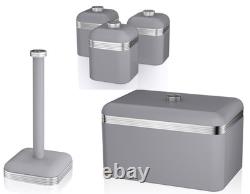 Swan Retro Grey Kitchen Storage Set Bread Bin 3 Canisters & Kitchen Roll Holder
