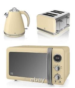 Swan Retro Jug Kettle, 4 Slice Toaster & Digital Microwave Cream Vintage Set