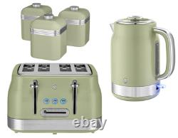 Swan Retro Revive Green Kettle 4 Slice Toaster & 3 Canisters Kitchen Bundle Set