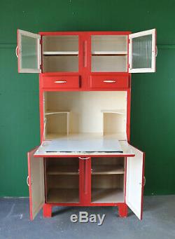 Tall Red Retro Kitchen Cupboard, Larder, Cabinet, Worktop, Refurb, Mid Century