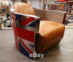 Union Jack Aviator Aviation Rocket Tub Chair Art Deco Vintage Tan Leather Brexit