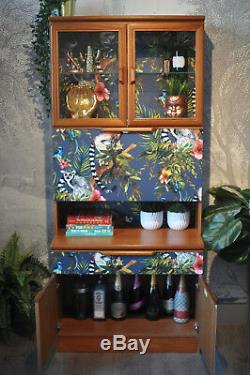 Upcycled Vintage Retro Teak Drinks Cabinet Bar Navy Lemur Decoupage Bookcase