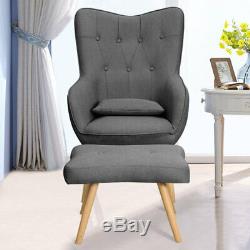 Upholstered Fabric Wingback Tufted Armchair Cocktail Chair with Footstool Seat