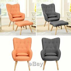 Upholstered Fabric Wingback Tufted Armchair Cocktail Chair with Footstool Seat