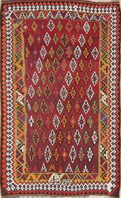 VINTAGE Geometric Burgundy Kilm Kashkoli Flat-Woven Area Rug Wool Carpet 5'x8