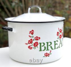 VTG 60s 70s Enamel Bread Bin Pot WHITE Red Floral Retro Made In POLAND 11 Tall