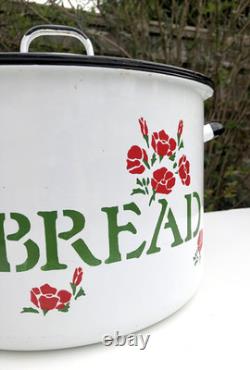 VTG 60s 70s Enamel Bread Bin Pot WHITE Red Floral Retro Made In POLAND 11 Tall