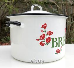 VTG 60s 70s Enamel Bread Bin Pot WHITE Red Floral Retro Made In POLAND 11 Tall