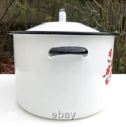 VTG 60s 70s Enamel Bread Bin Pot WHITE Red Floral Retro Made In POLAND 11 Tall