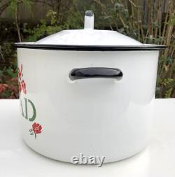 VTG 60s 70s Enamel Bread Bin Pot WHITE Red Floral Retro Made In POLAND 11 Tall