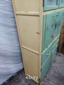 Vintage 1950s Hoosier-Style Kitchen Cabinet Cupboard Green & Cream Wood F304