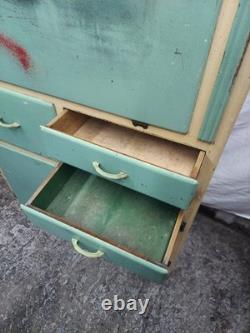Vintage 1950s Hoosier-Style Kitchen Cabinet Cupboard Green & Cream Wood F304