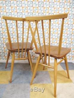 Vintage 1960's Ercol Pair Of Model 391 Dining Chairs Elm & Beech Stick Back MCM