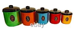Vintage 1960's Set of 5 Colourful Anodised Aluminum Kitchen Canisters Model Maid