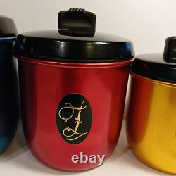 Vintage 1960's Set of 5 Colourful Anodised Aluminum Kitchen Canisters Model Maid