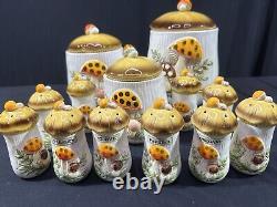Vintage 1976 Old Japan MERRY MUSHROOM KITCHEN CANISTER SET Lot Of 13 Pieces