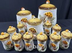 Vintage 1976 Old Japan MERRY MUSHROOM KITCHEN CANISTER SET Lot Of 13 Pieces