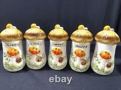 Vintage 1976 Old Japan MERRY MUSHROOM KITCHEN CANISTER SET Lot Of 13 Pieces