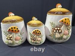 Vintage 1976 Old Japan MERRY MUSHROOM KITCHEN CANISTER SET Lot Of 13 Pieces