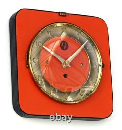 Vintage 20cm SMI Wall Clock French Formica Retro Mid Century Wooden Orange