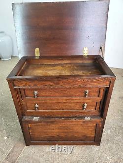 Vintage 20thC Oak Drop Front Drawers Cabinet Side End Drawers Lift Top
