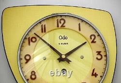 Vintage 27cm Odo Wall Clock French Yellow Formica Retro Mid Century Atomic